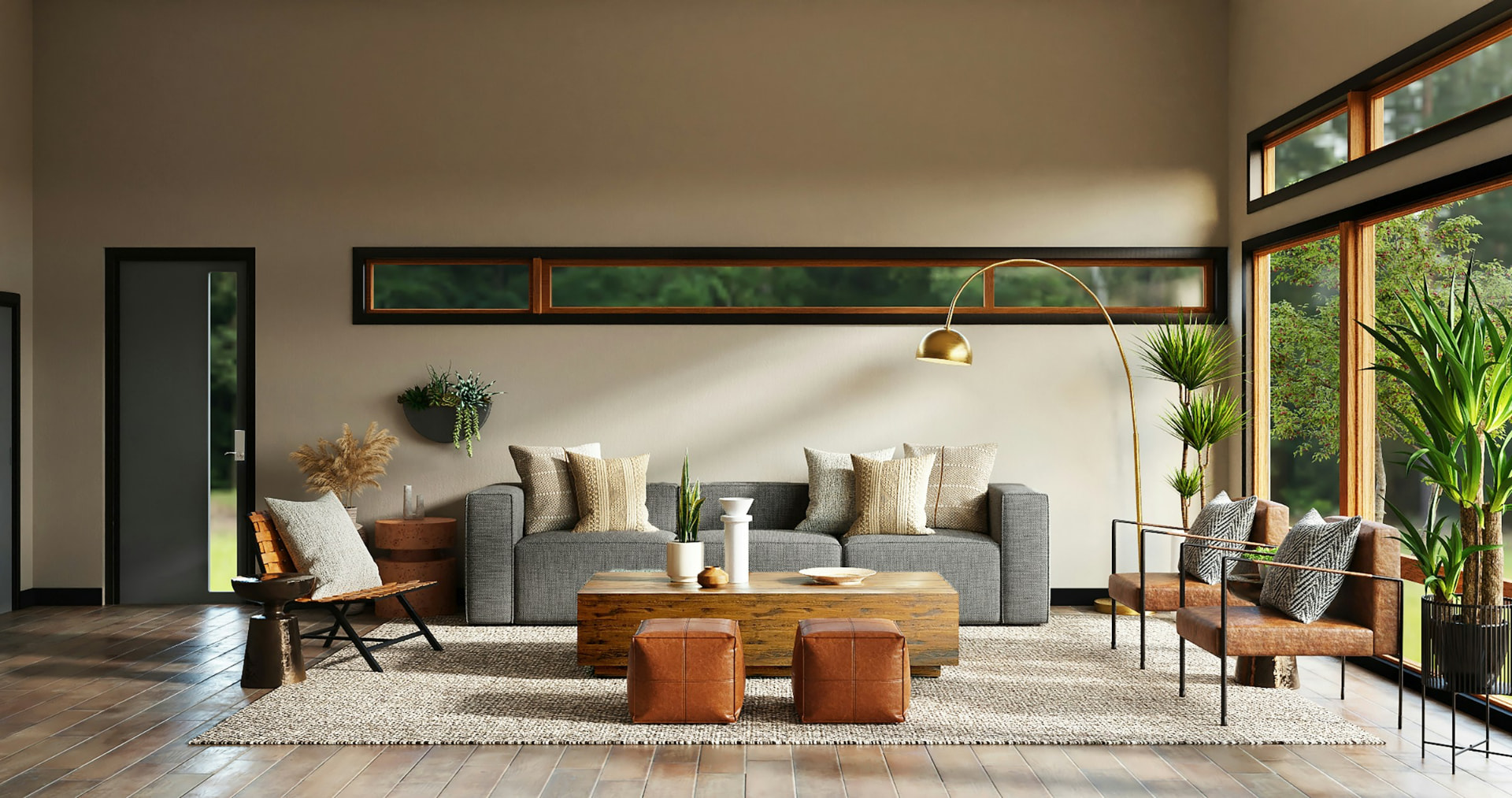 Modern staged living room with natural light and neutral finishes