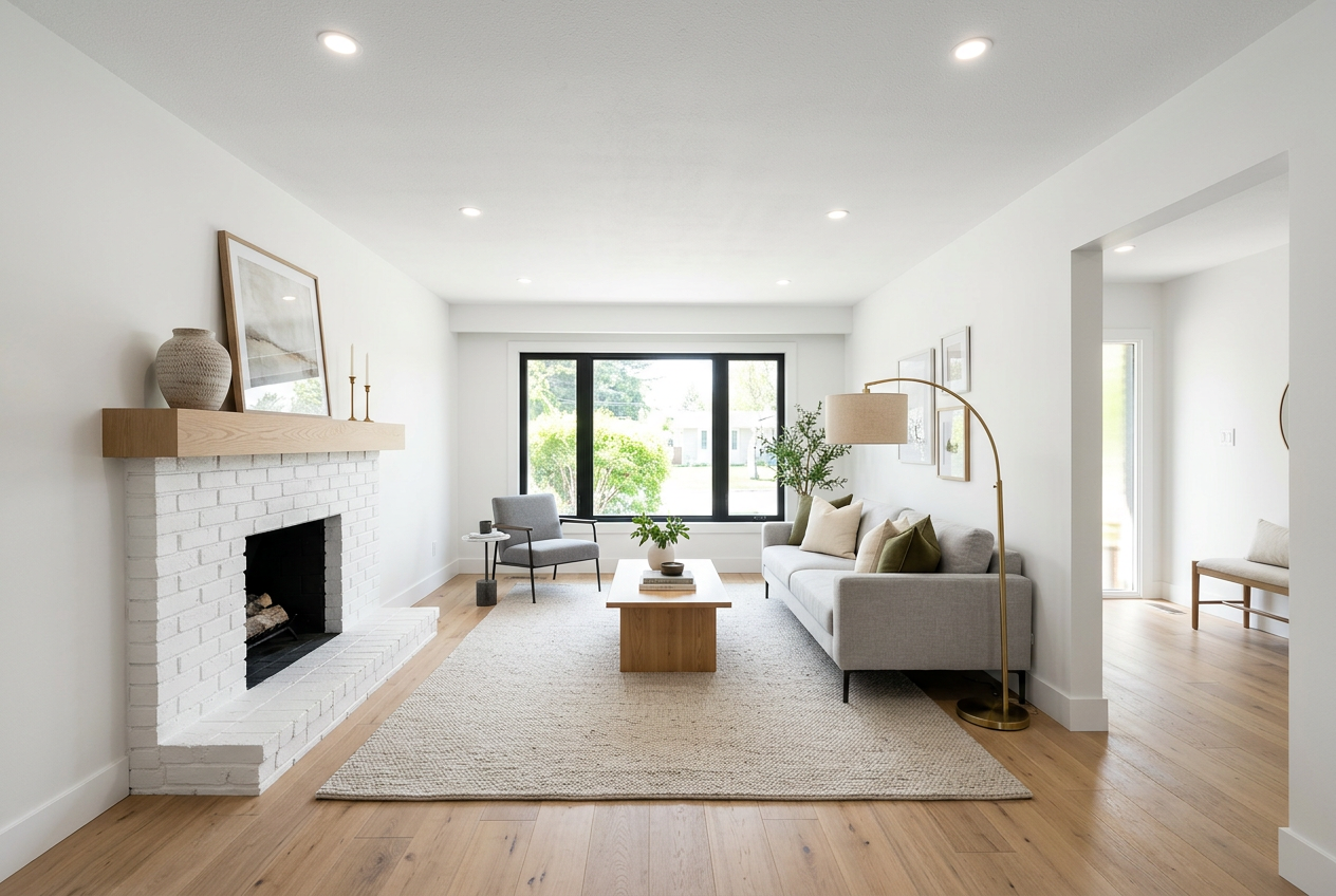 Renovated bright living room with white brick fireplace and oak flooring