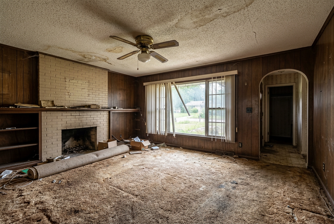 Distressed living room with wood paneling and worn carpet before renovation