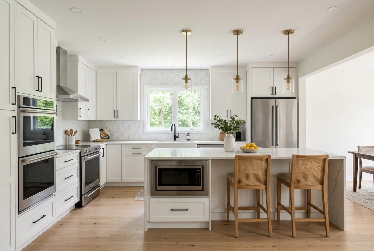 Renovated white shaker kitchen with quartz island and brass pendants