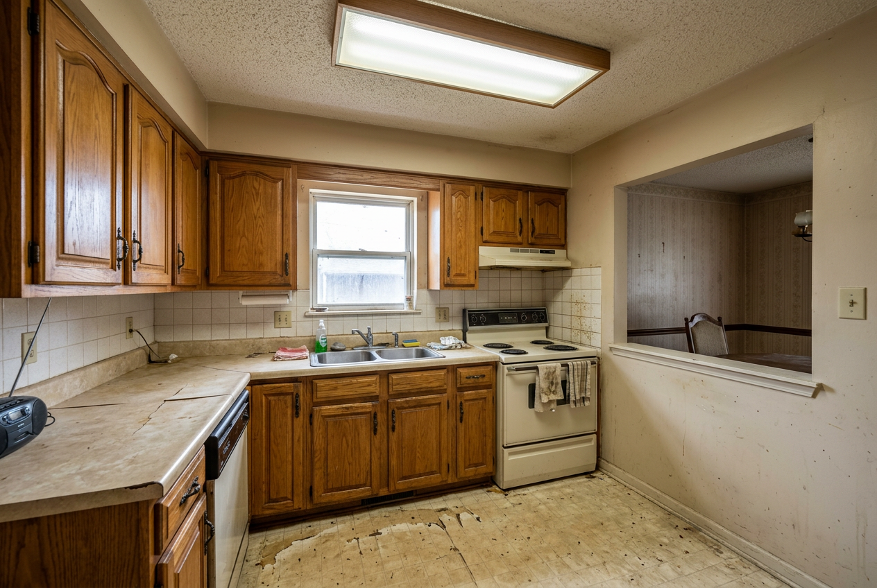 Dated oak kitchen with laminate counters and vinyl flooring before renovation