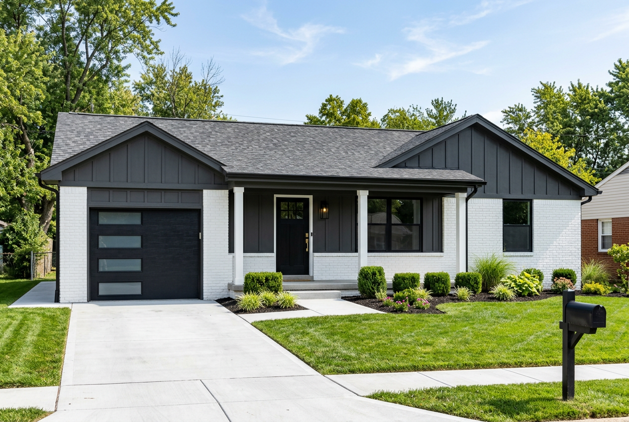 Renovated white brick and charcoal siding house exterior with new landscaping