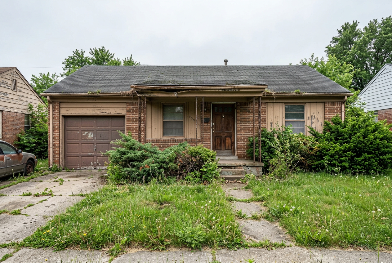 Neglected suburban house exterior with overgrown lawn before renovation
