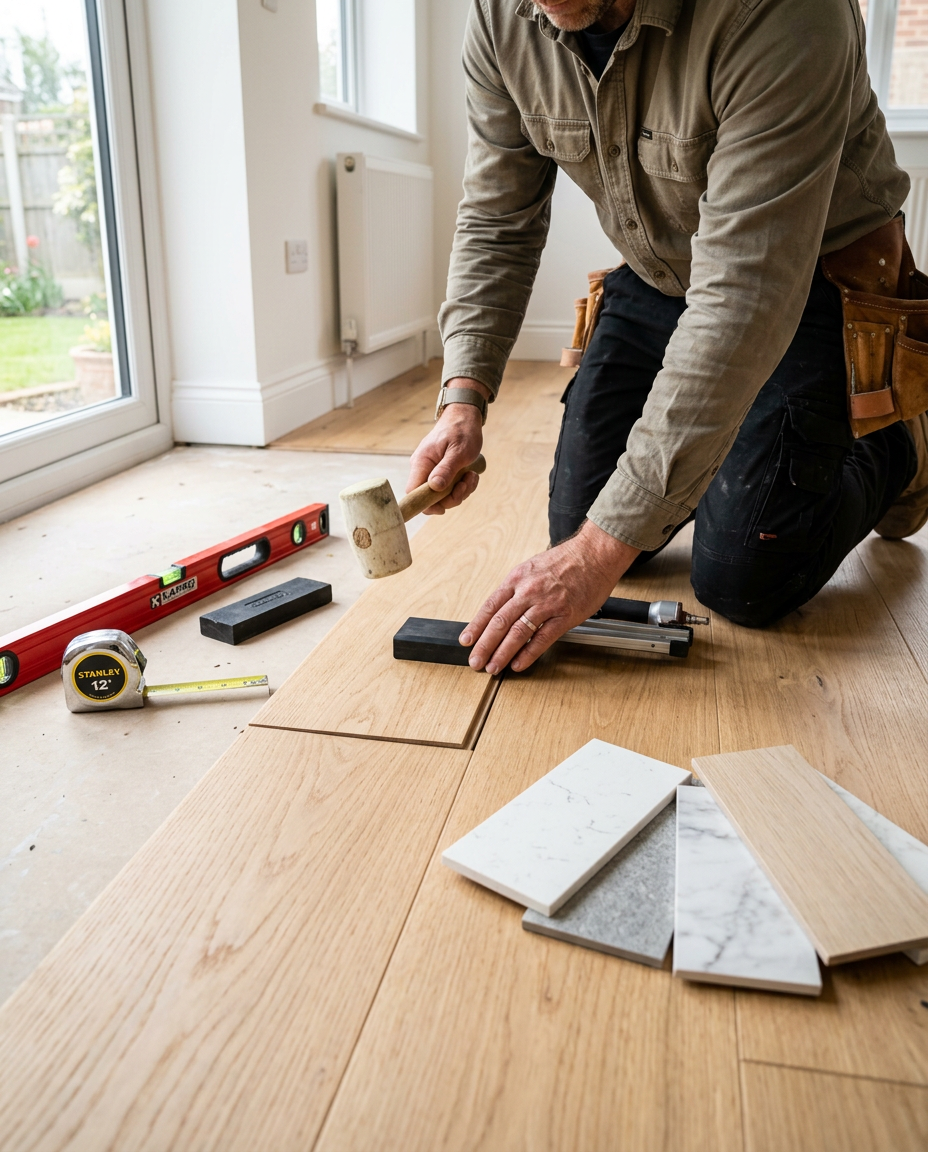 Contractor installing white oak flooring beside quartz and tile finish samples