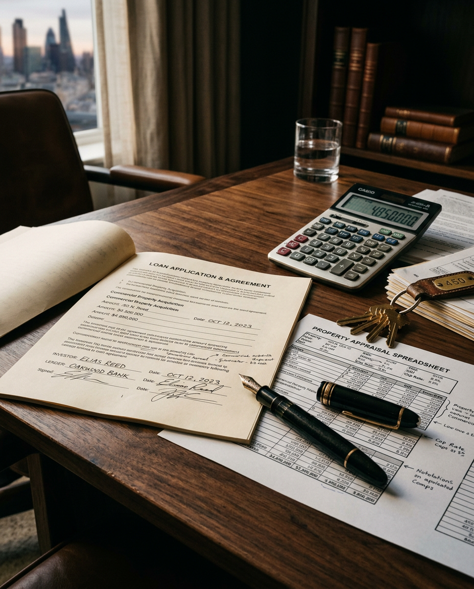Loan documents, appraisal spreadsheet, and house keys on a walnut desk