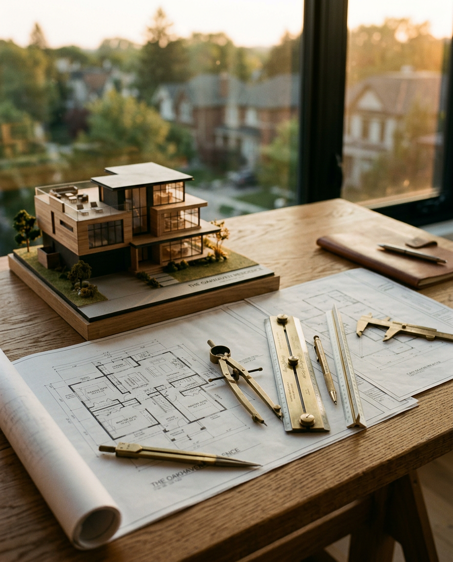 Architectural blueprints and a scale model of a modern house at golden hour